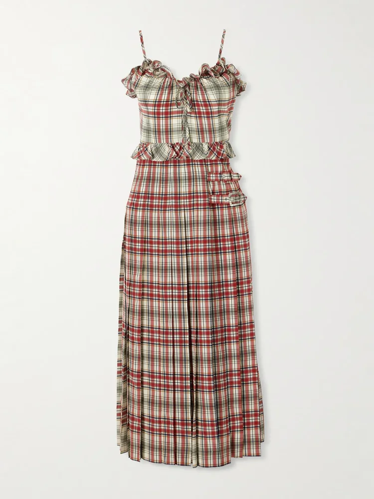 Pleated checked ruffled silk-crepe de chine midi dress
