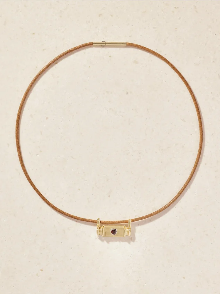 Clover Smash Locket 18-karat gold, garnet and leather necklace