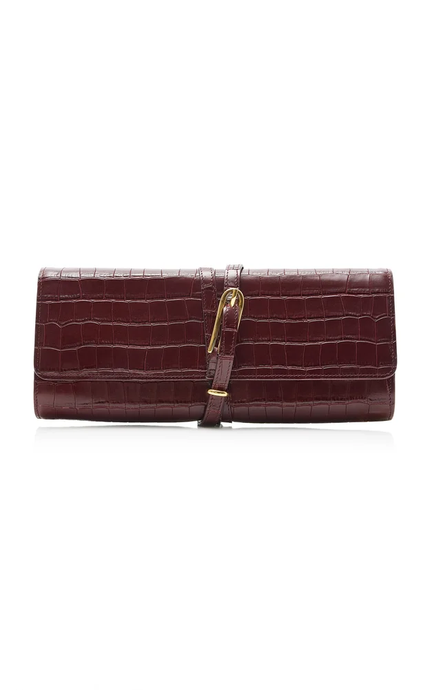 Belted Croc-Embossed Leather Clutch