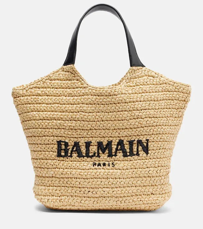 Logo raffia-effect top-handle bag