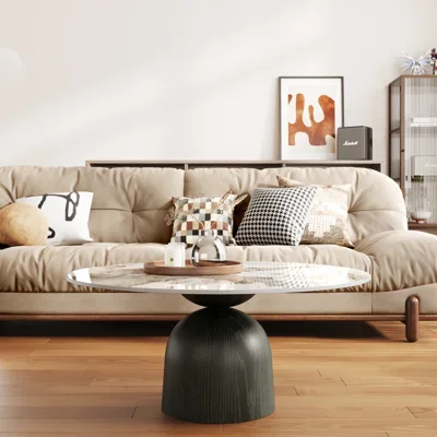 Modern Round Coffee Table with Faux Marble Tabletop and Pedestal Solid Wood, Cocktail Table for Living room & Home Decor