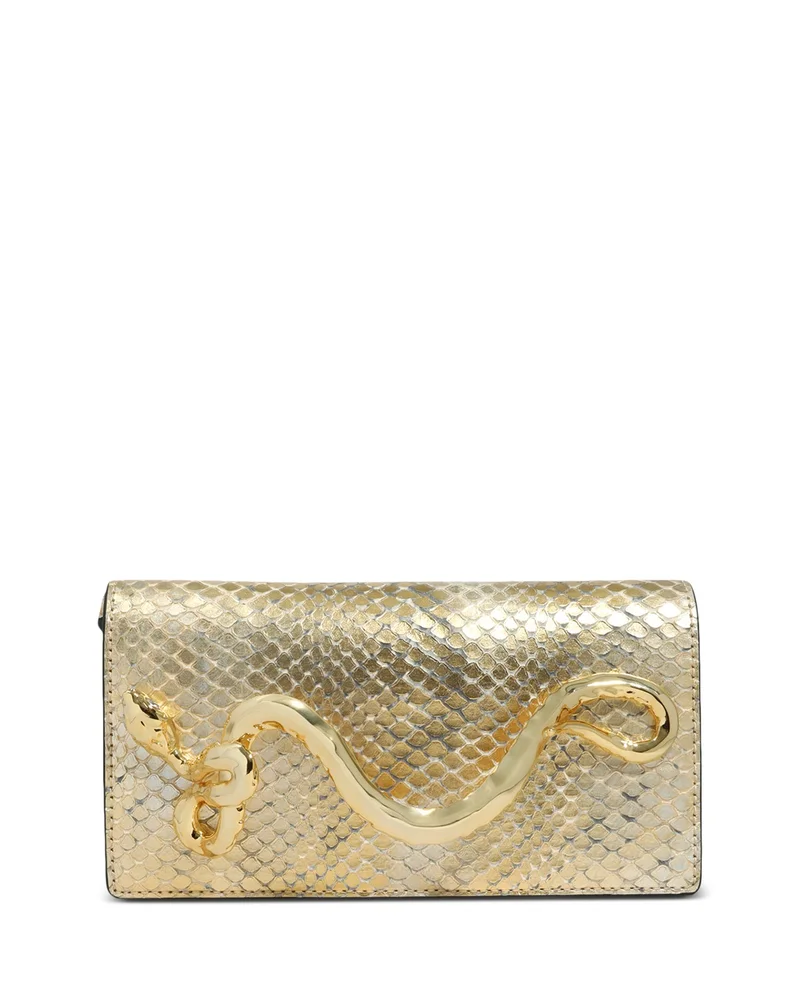Serpent Side Handle Embossed Metallic Leather Clutch