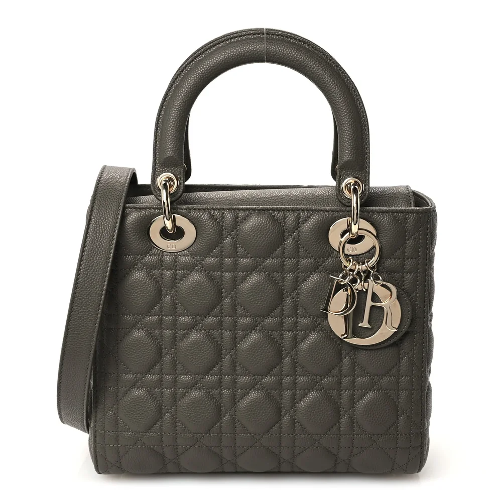 Pre-Owned Excellent Grained Calfskin Cannage Medium Lady Dior Olive Taupe