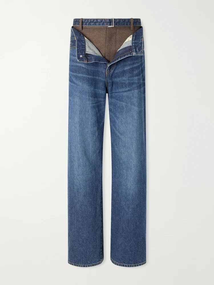 Wide-leg denim and wool-flannel pants