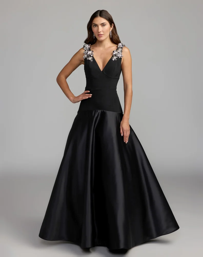 Black Crepe And Satin Plunging V-Neck Ball Gown
