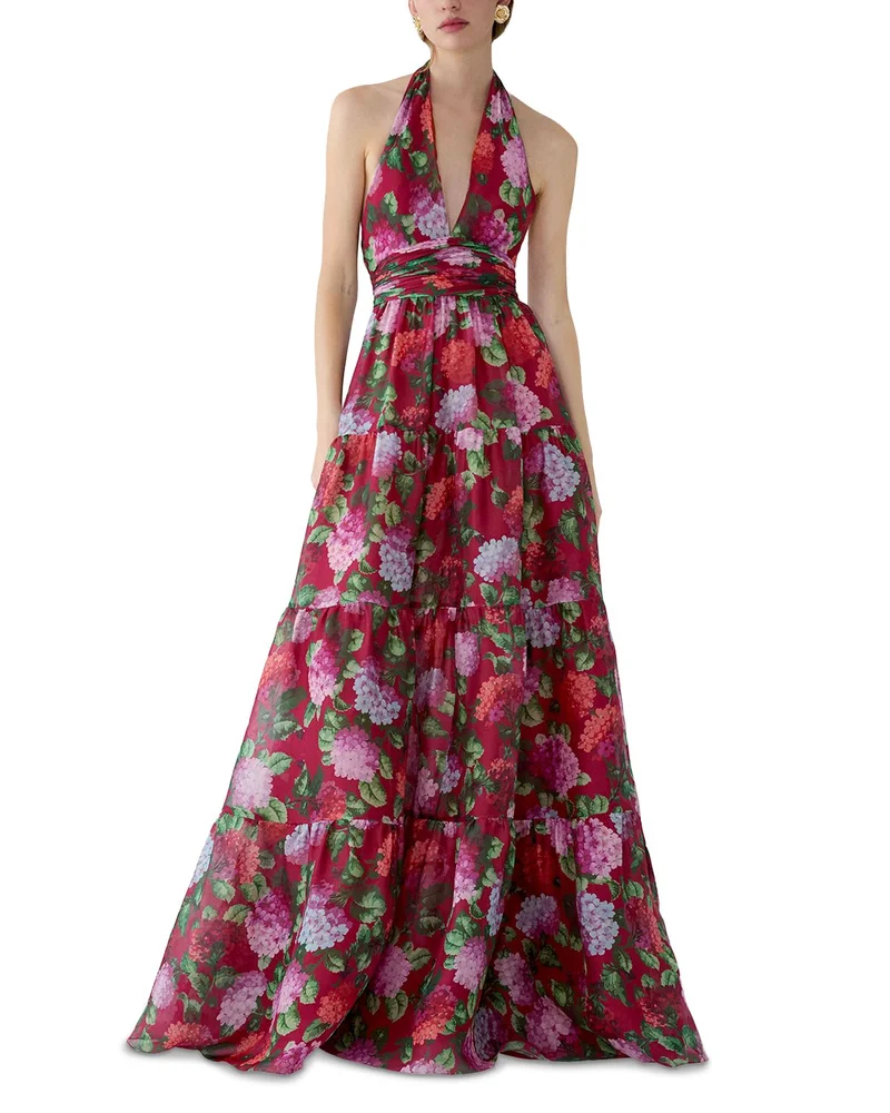 Halter Neck Tiered A Line Silk Gown