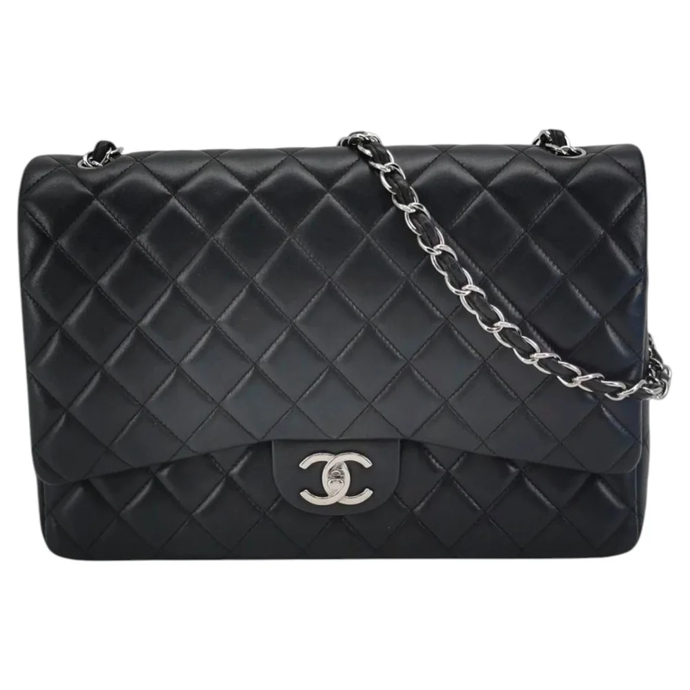 Pre-Owned Classic Flap Maxi Black Lambskin Double Flap, Silver Hardware