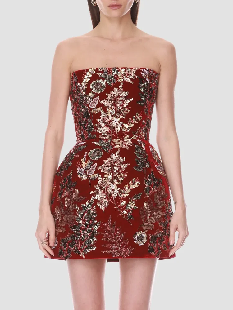 Embellished Velvet Fit & Flare Strapless Mini Dress