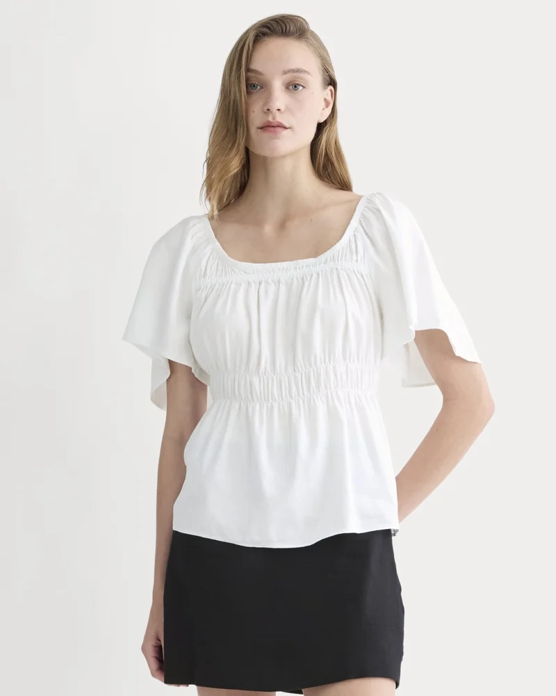 Everlane The Flutter-Sleeve Top in Stretch Linen | White