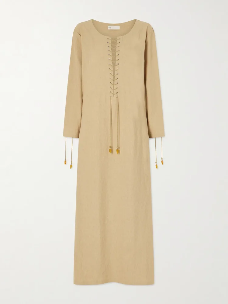 Lace-up linen-blend kaftan