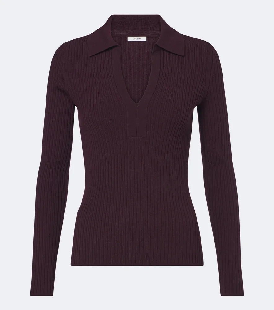 Ribbed-knit wool-blend polo sweater