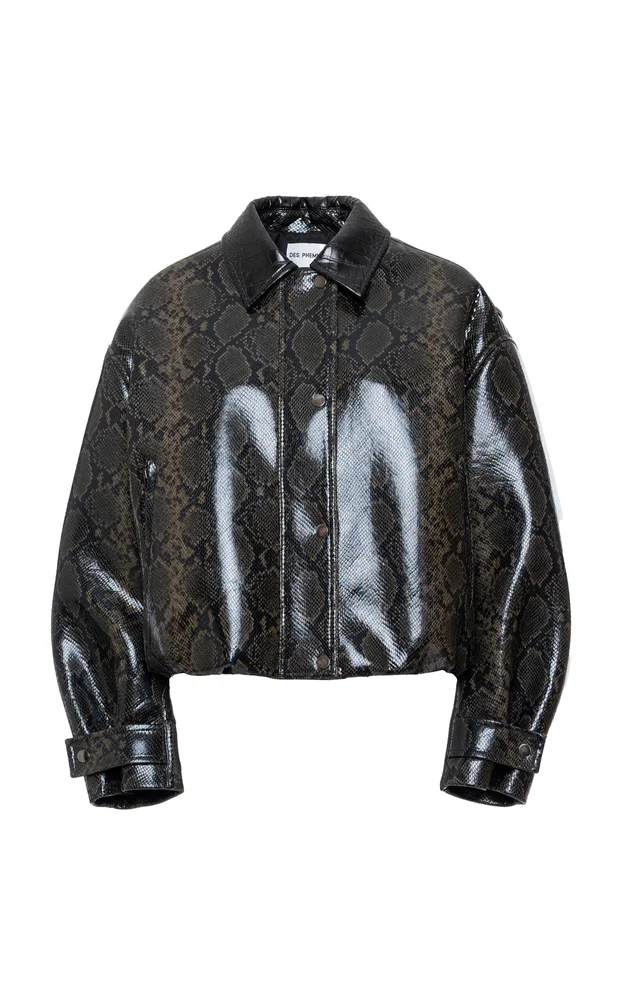 Snake-Embossed Faux Leather Bomber Jacket