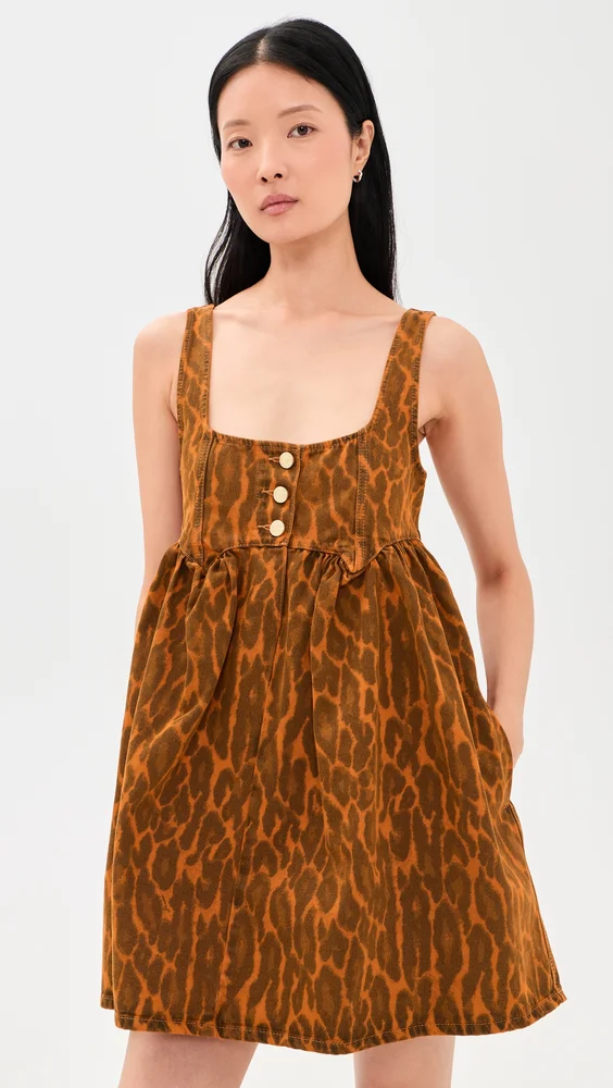 Print Denim Babydoll Mini Dress
