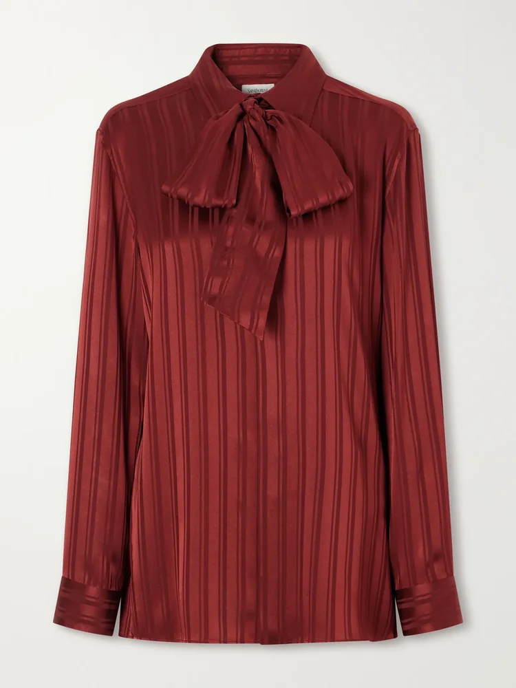 pussy bow striped silk satin blouse