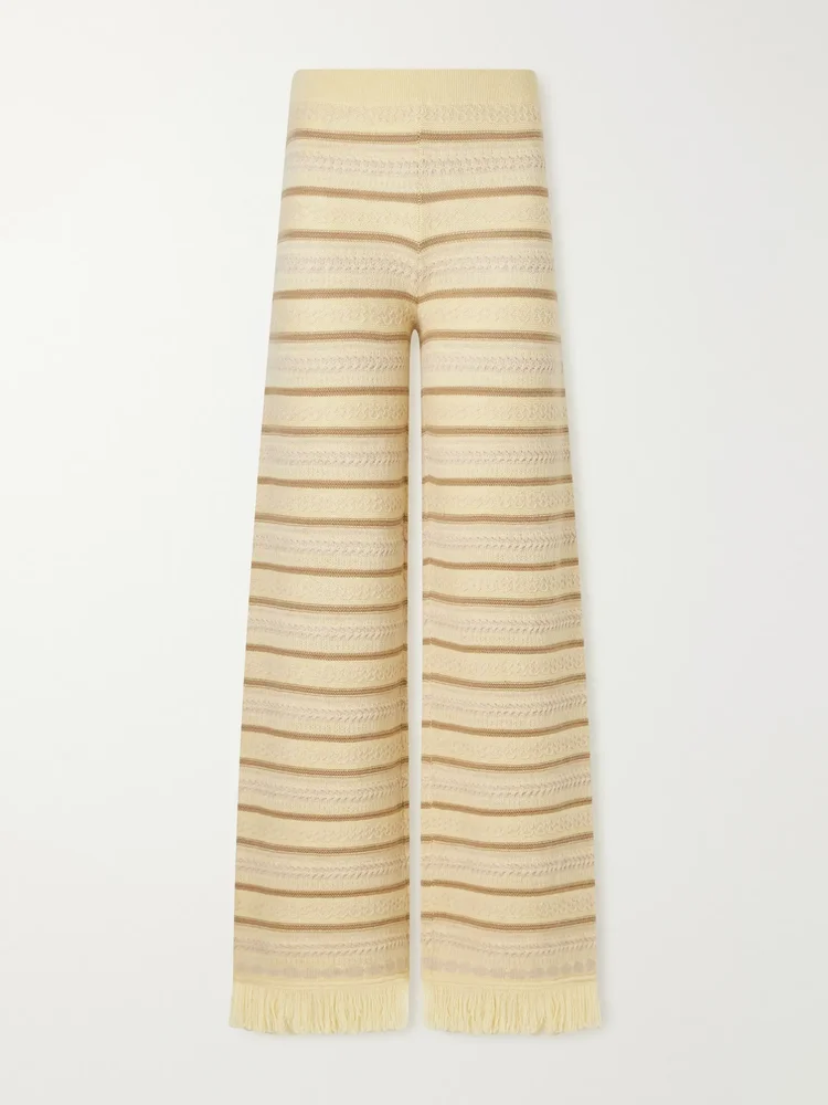 Fringe-detail striped wool and cashmere-blend knitted wide-leg pants