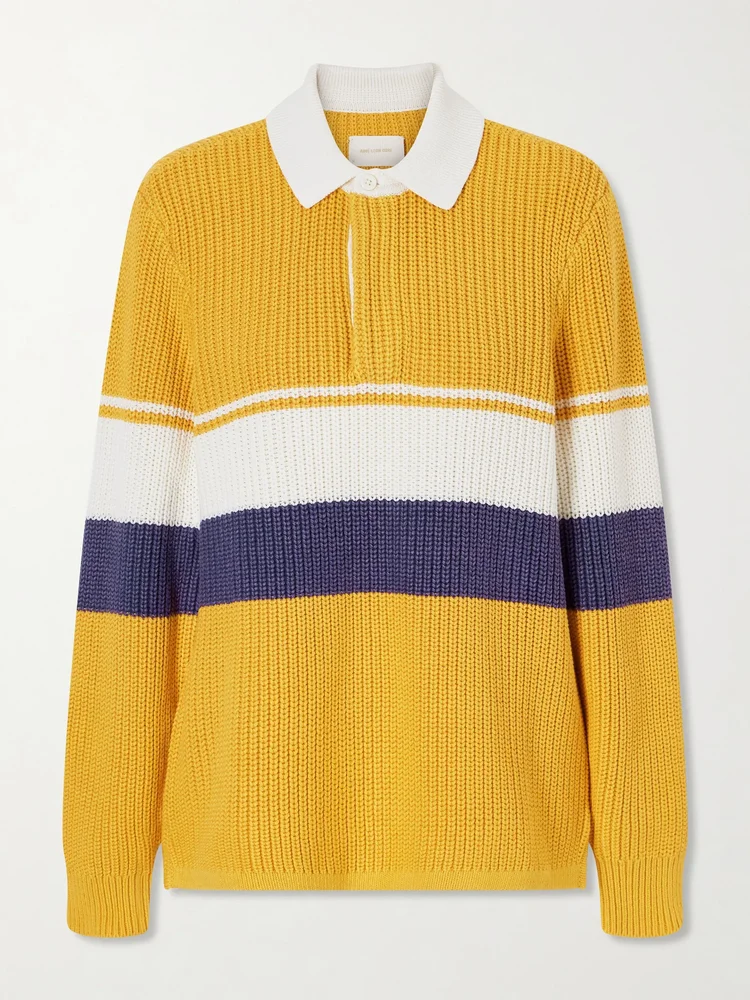 Striped ribbed-knit cotton polo shirt