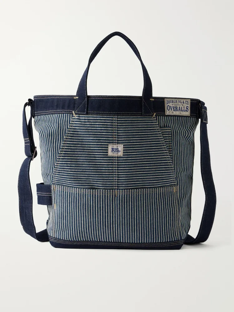 Striped Denim-Trimmed Cotton-Twill Tote Bag