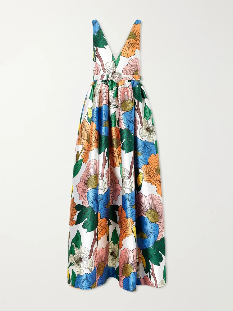 Isabella belted floral-print taffeta maxi dress