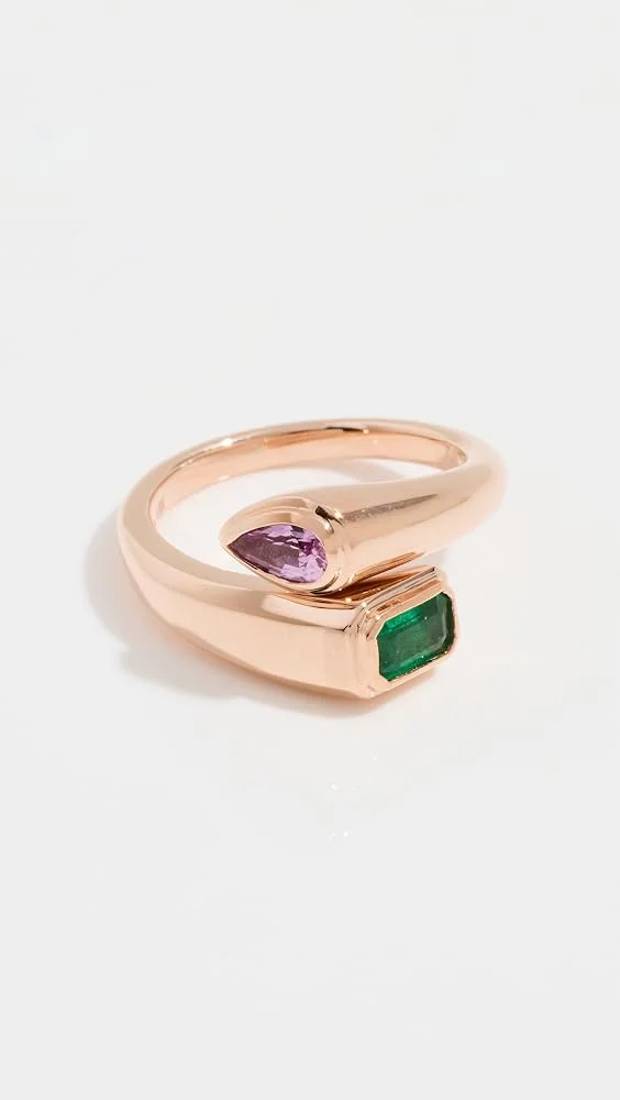 18k Emerald and Pink Sapphire Bypass Pinky Ring