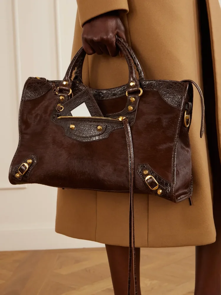 Le City crinkled leather-trimmed pony hair shoulder bag