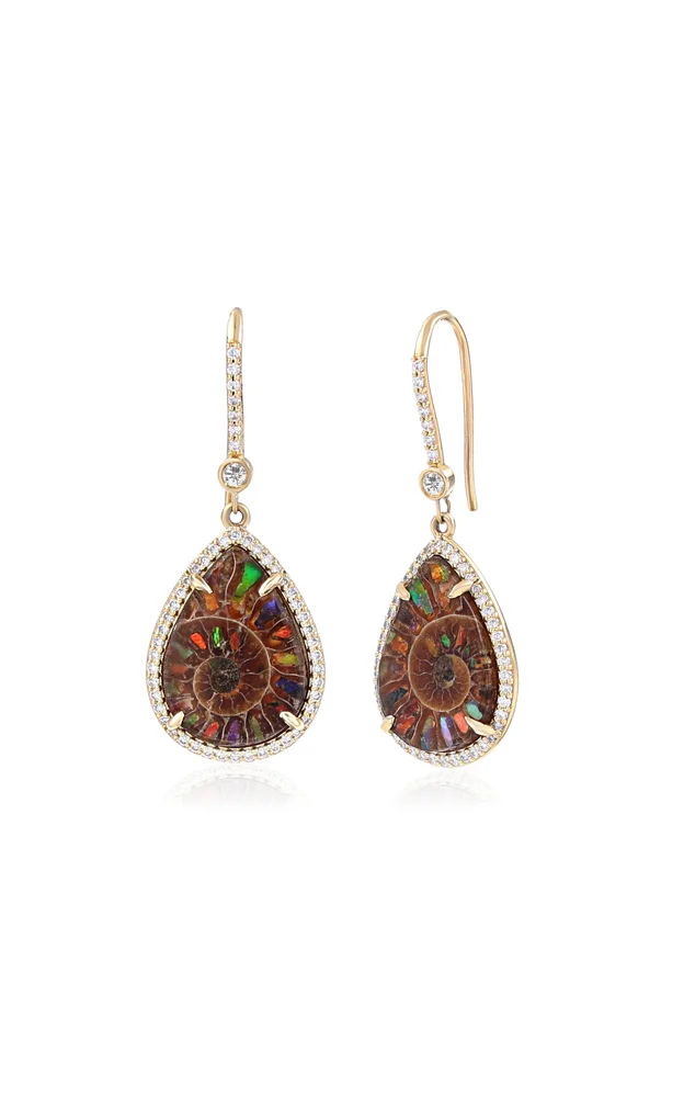 14K Gold Opalized Ammonite Drop Earrings