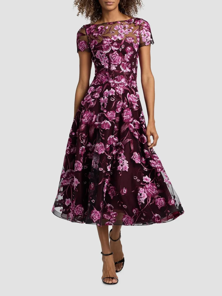 Floral-Embroidered Tea-Length Dress