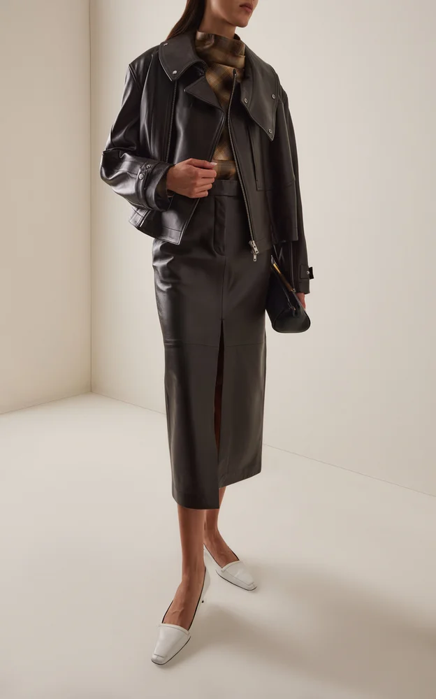 Tailored Front-Slit Leather Midi Skirt