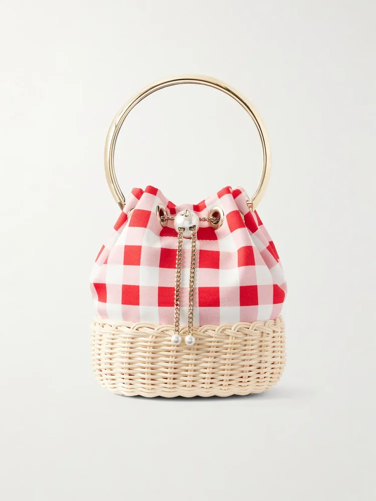 Bon Bon embellished woven raffia checked woven bucket bag