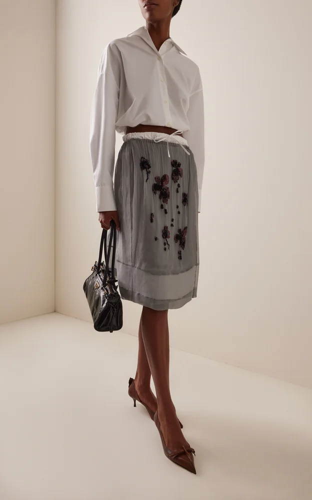 Embroidered Silk-Chiffon Midi Drawstring Skirt