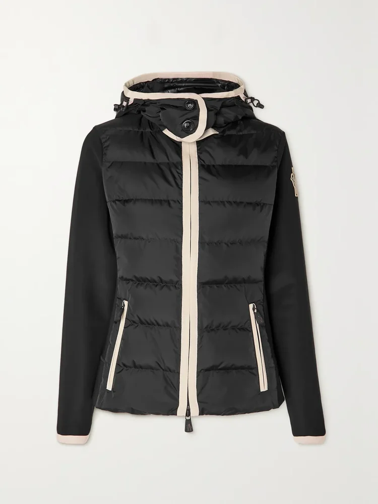Hooded paneled twill and quilted stretch-shell down jacket