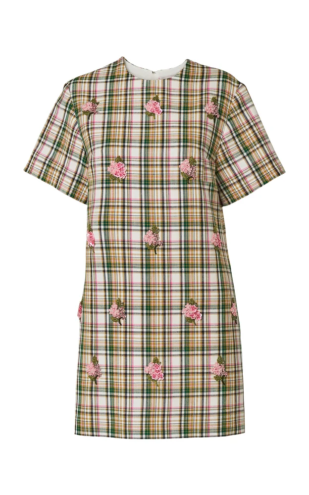 Embroidered Check Plaid Tailoring Shift Dress