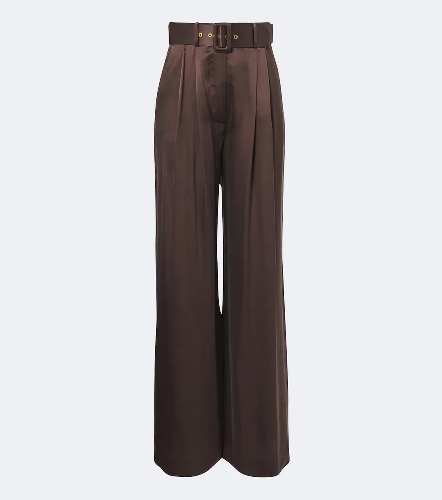Belted pleated silk satin wide-leg pants