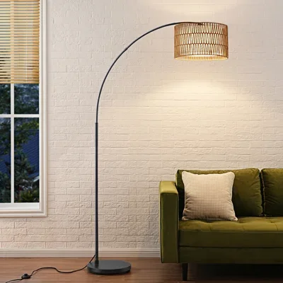 Peavine 76" H Rattan Arched Floor Lamp with Remote Control and Shade
