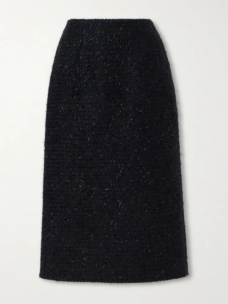 shearling trimmed metallic tweed midi skirt