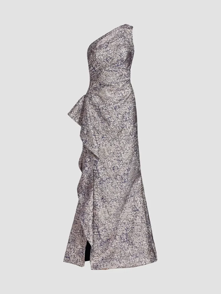 Metallic Jacquard One-Shoulder Gown