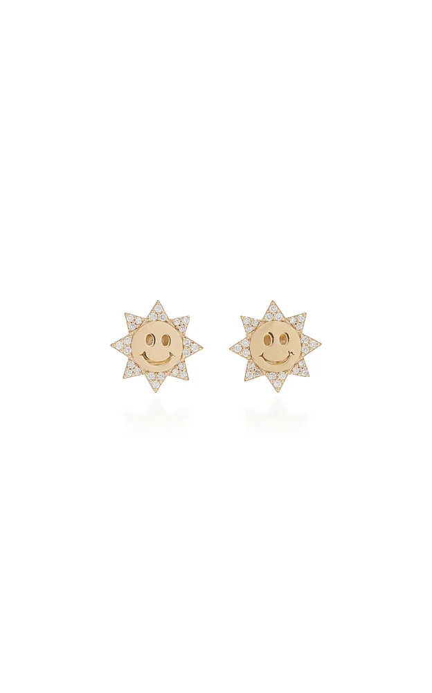 Happy Face Sun 14K Gold Diamond Stud Earrings