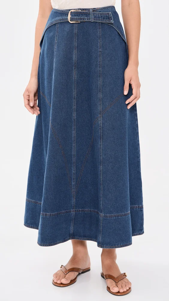 Belt Buckle Detail Denim Midi Skirt