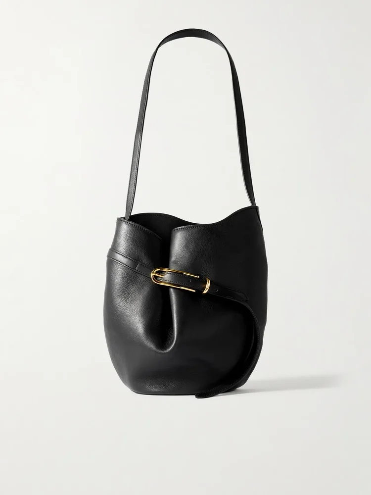 Buckled leather bucket bag