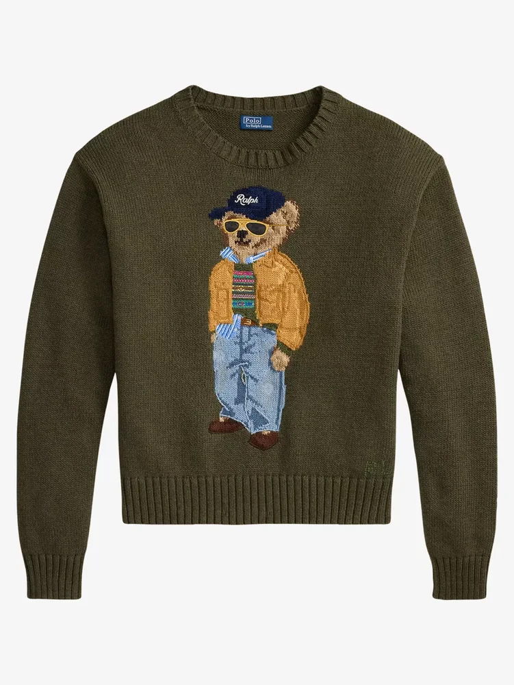 Bear-Embroidered Knitted Cotton Jumper
