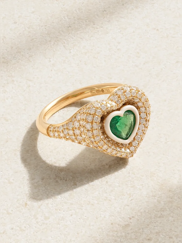 18-karat gold, enamel, diamond and emerald ring