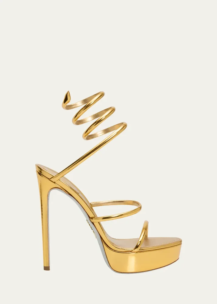 130mm Metallic Leather Platform Snake-Wrap Sandals