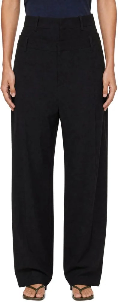 Black Wool Double Over Trousers