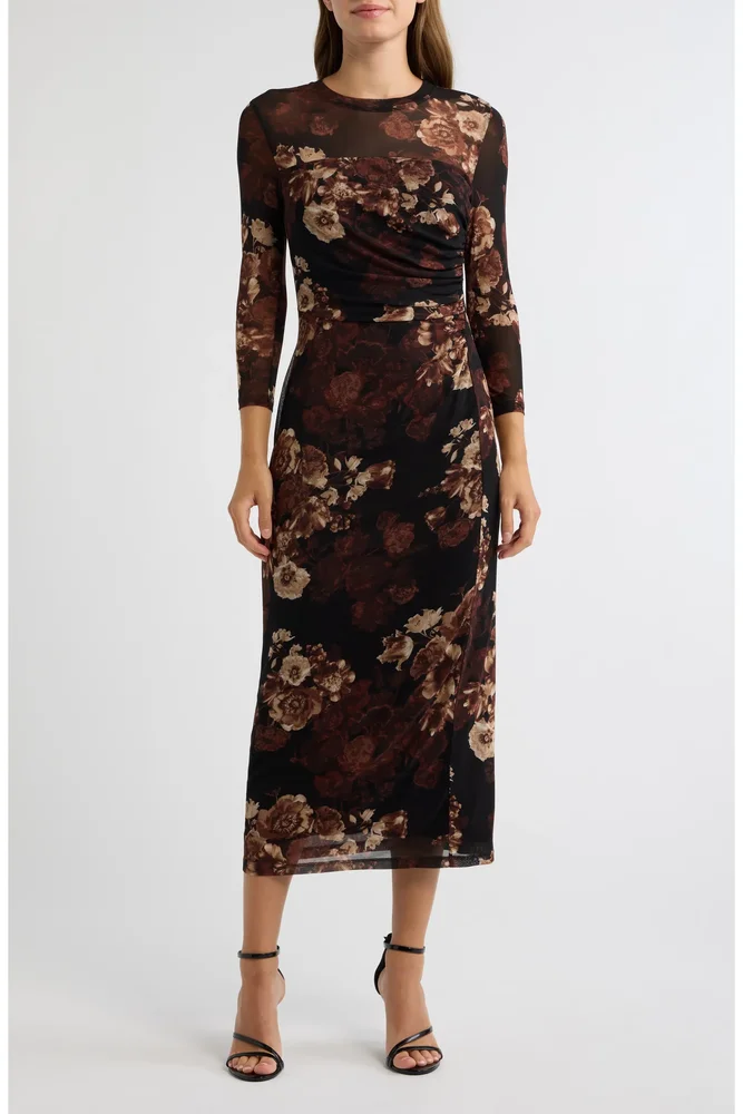 Printed Mesh Midi Dress