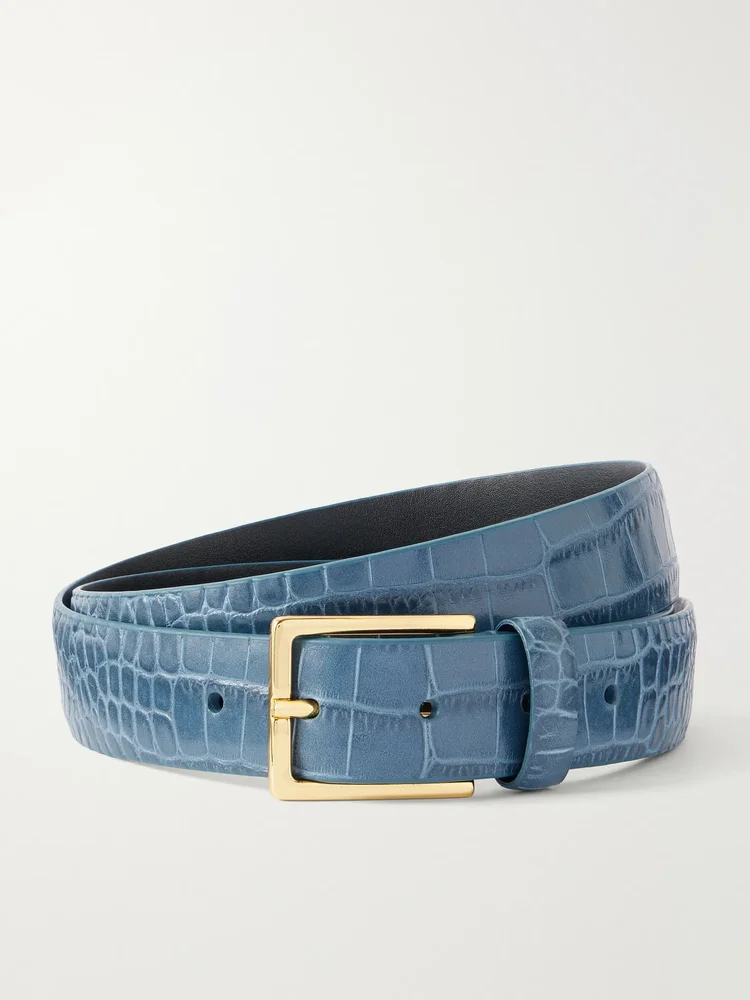 Narrow croc-effect leather belt