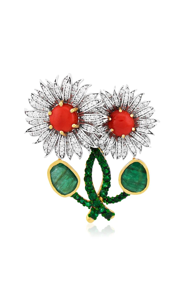 Sunflower 18K Yellow Gold Diamond, Emerald And Coral Bag Charm