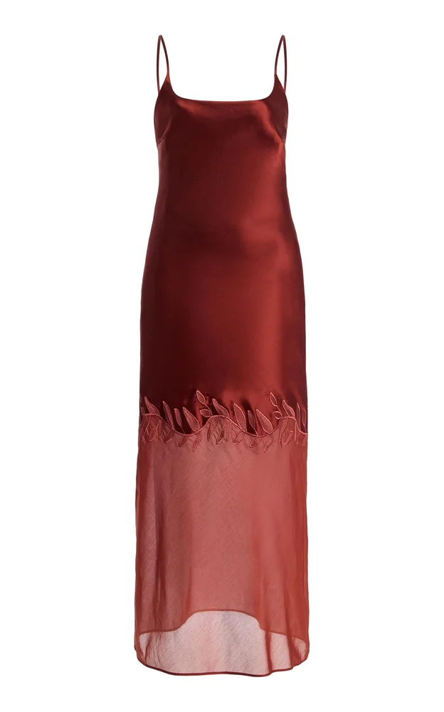 Camilla Organza-Trimmed Embroidered Satin Midi Slip Dress