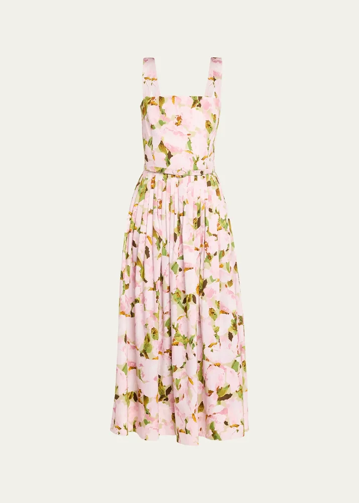 Belted Sleeveless Watercolor Iris Poplin Dress