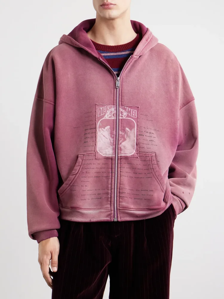 Rock / Paper / Scissors II Distressed Printed Cotton-Jersey Zip-Up Hoodie