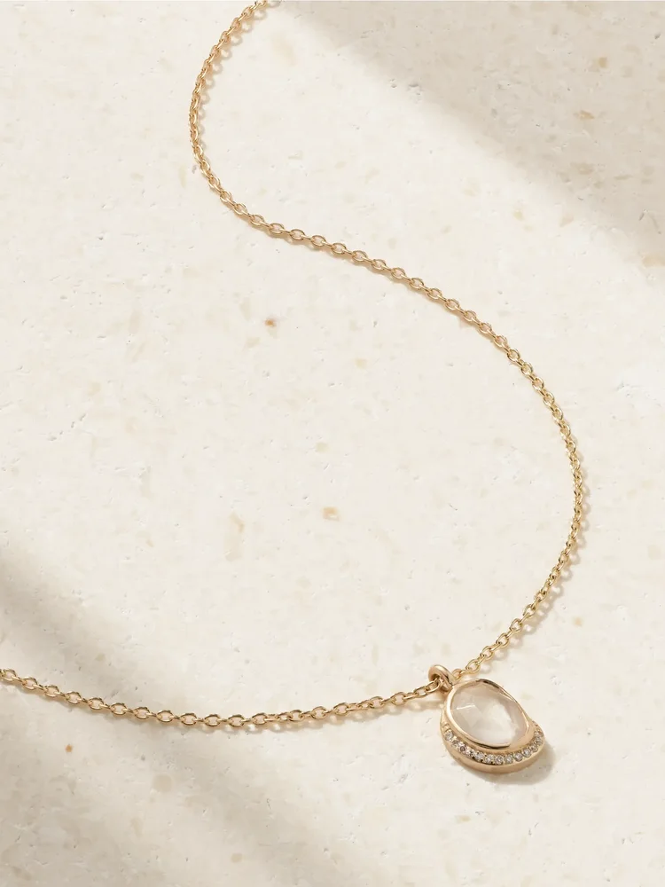 Crescent Moon 14-karat recycled gold, moonstone and diamond necklace
