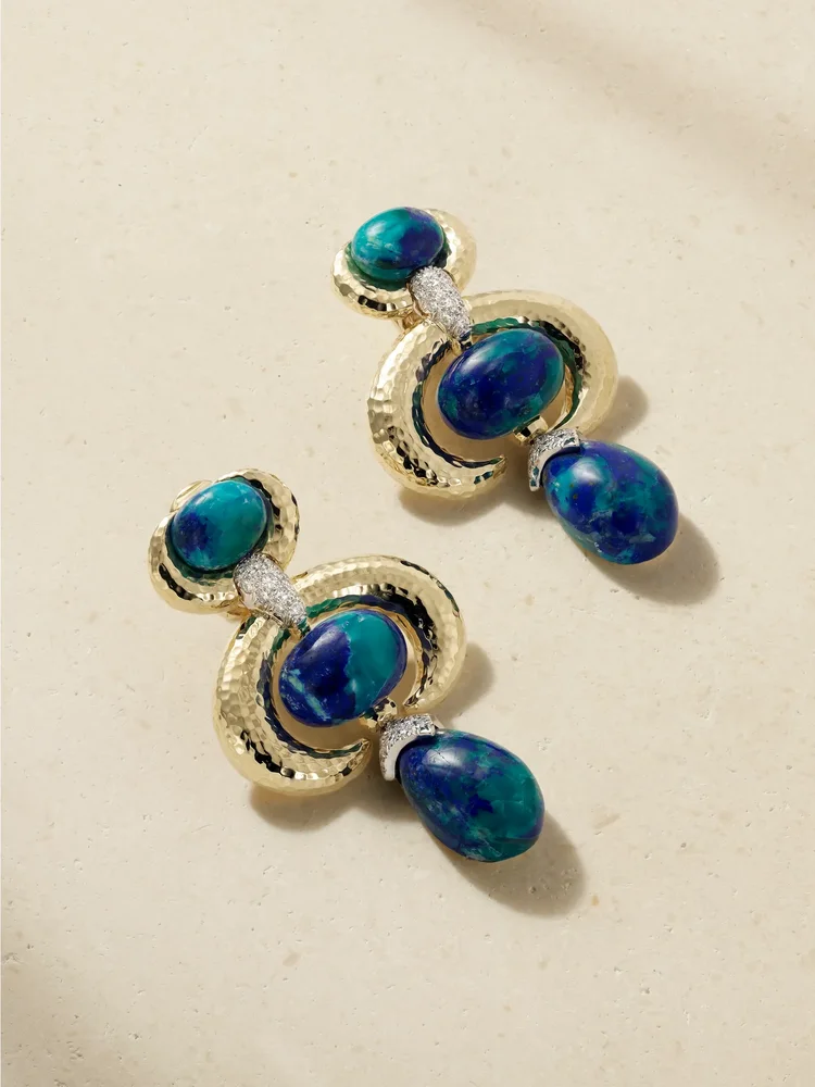 Double Crescent 18-karat gold and platinum, diamond and azurmalachite earrings